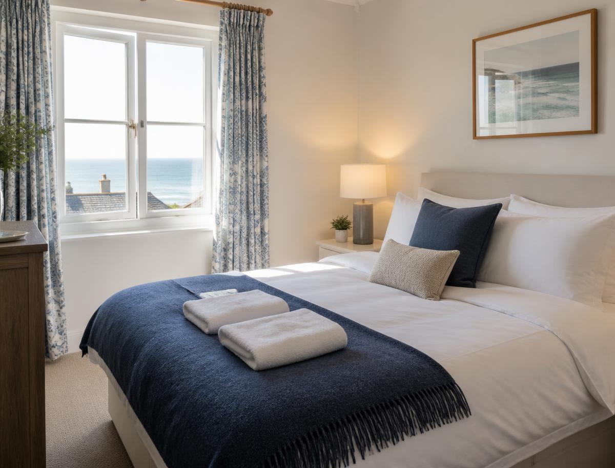 Double bedroom with white bedding and a sea view window