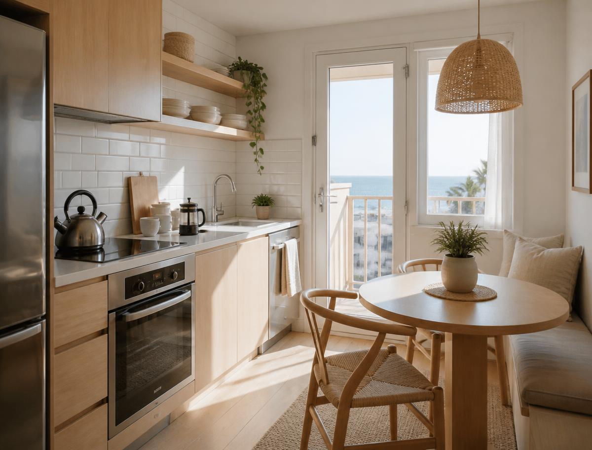 Kitchen with light wood units and a small dining table