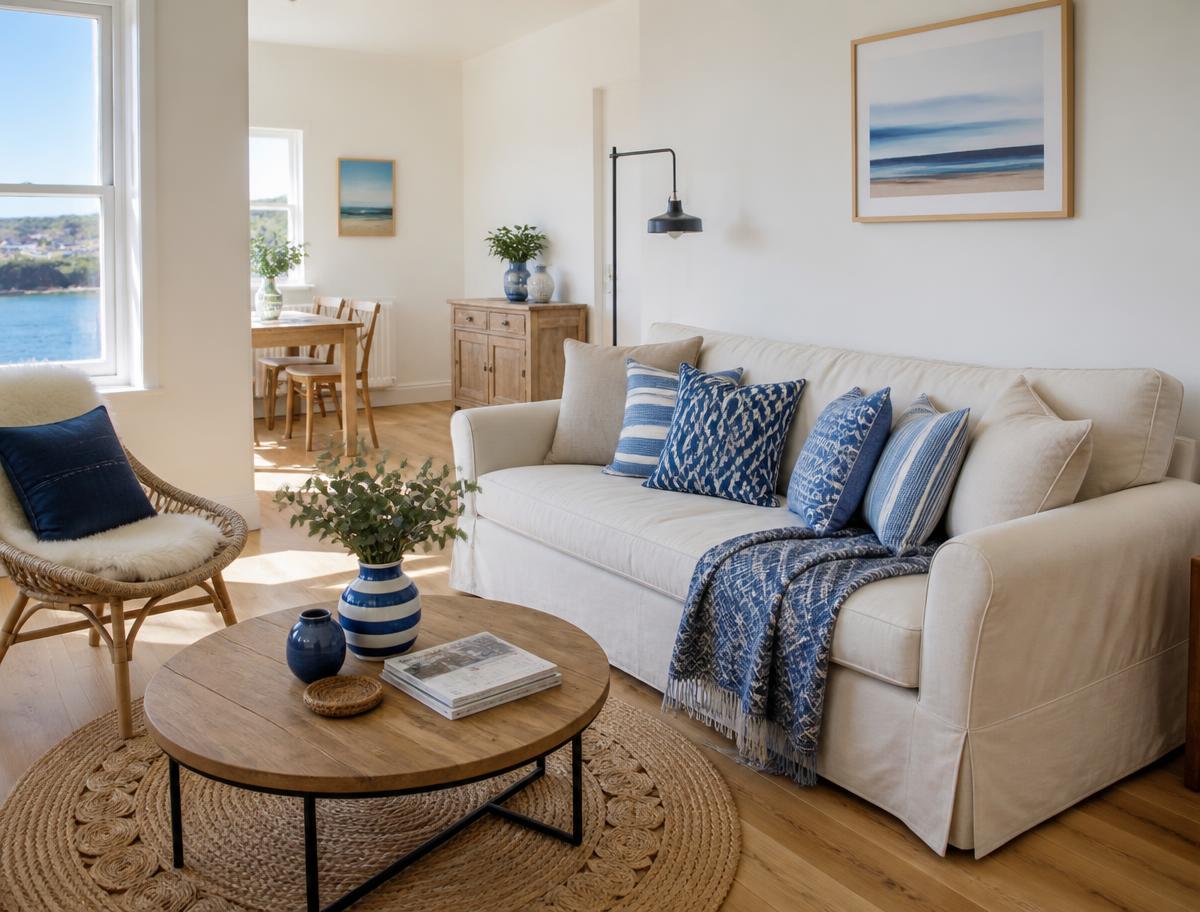 Sitting room with a linen sofa, blue cushions and oak floor